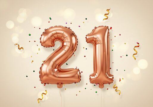 Rose Gold Number 21 Balloons with Confetti - Celebration Concept, 21st birthday