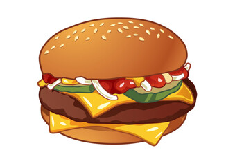Juicy cheeseburger with lettuce, pickles, and ketchup layered in a soft sesame seed bun for a mouthwatering meal delight. Food concept