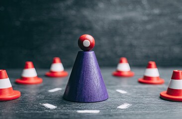 Purple cone with red ball, surrounded by traffic cones