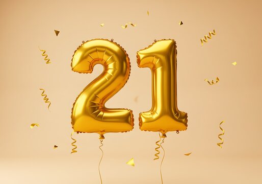 Golden Number 21 Balloons with Confetti - Celebration Concept, 21st birthday