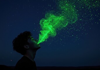 Young man exhales luminous green vapor towards a dark starry cosmic sky