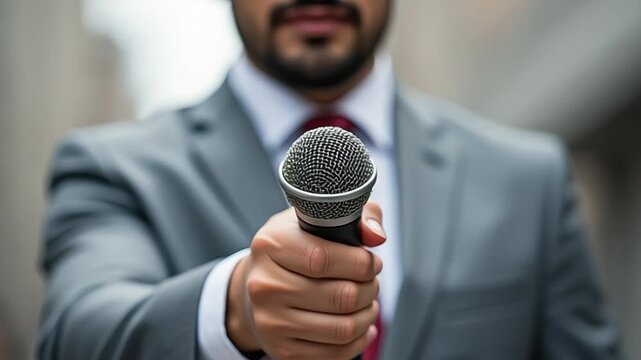 Reporter in gray suit holds out microphone toward camera for interview