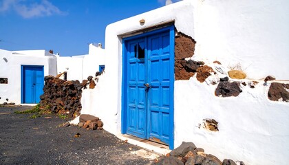 Whitewashed buildings with a blue door