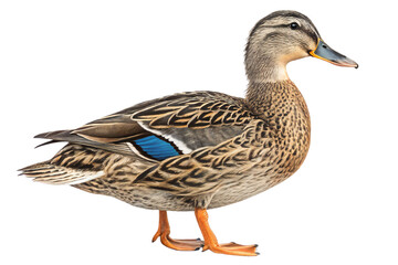 Wild mallard duck female standing with brown feathers isolated on white background