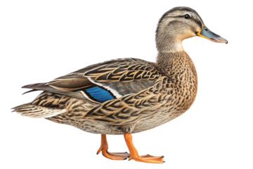 Wild mallard duck female standing with brown feathers isolated on white background
