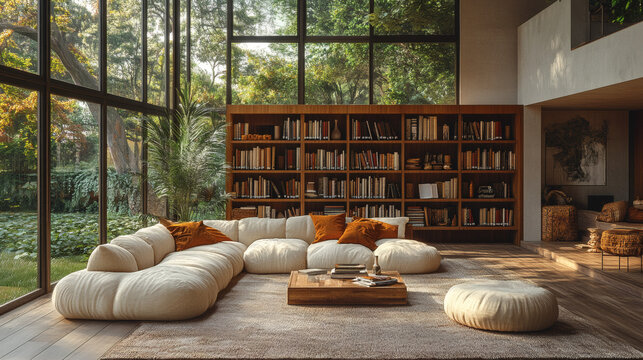 Eclectic boho library design with soft matte surfaces