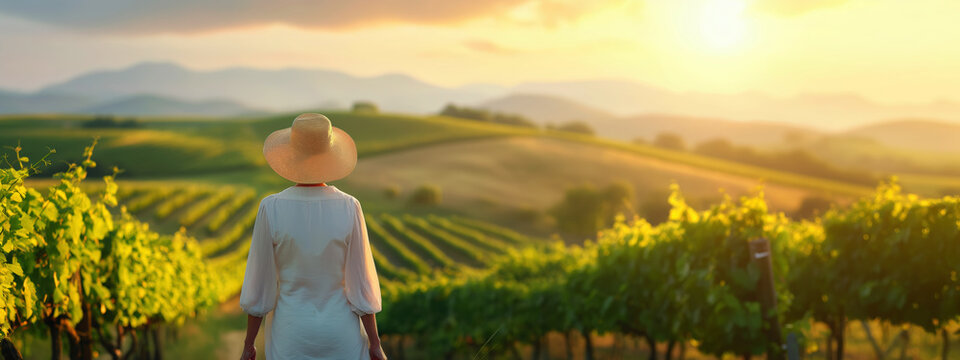 Elegant Women's Day Panoramic View of a Vineyard at Sunset With a Woman Walking and Enjoying a Glass of Wine - Powered by Adobe