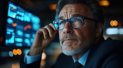 A focused senior executive in a high-tech office analyzing complex financial data on a monitor for strategic business planning.