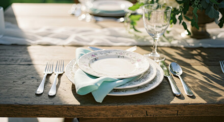 Elegant Table Setting with Stacked Plates and Mint Napkin.