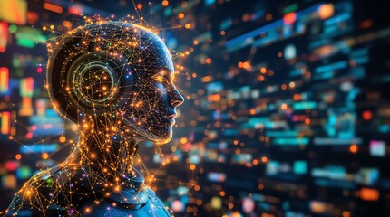Futuristic AI human profile with neural network connection, technology concept for innovation