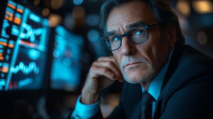 A focused senior executive thoughtfully analyzes complex financial data on multiple glowing screens in a modern high-tech office.
