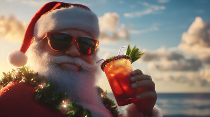Santa Claus enjoys a tropical cocktail at sunset, wearing sunglasses and a festive garland. A fun, whimsical Christmas image.