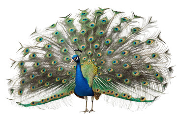 Fototapeta premium Colorful peacock displaying beautiful feather tail isolated on white background