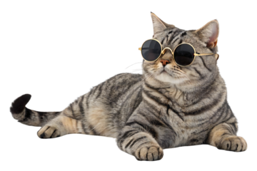 Cool tabby cat wearing round sunglasses isolated on white background