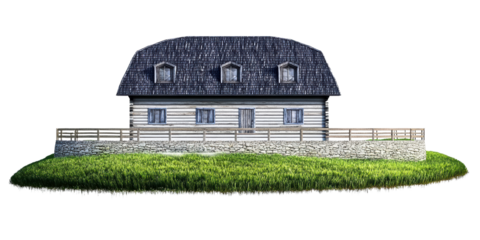 Historic wooden log cabin with gambrel roof on grassy knoll with stone wall and fence, cut out transparent