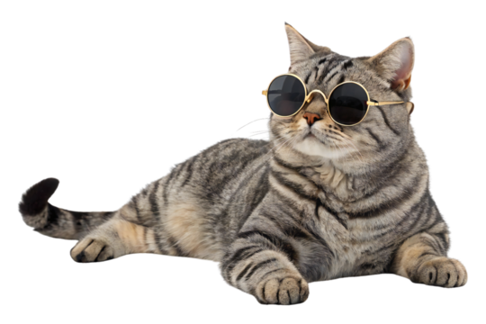 Cool tabby cat wearing round sunglasses isolated on white background