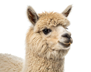 Obraz premium Close-up portrait of a fluffy alpaca head isolated on white background