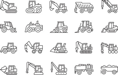 Twenty black line art construction vehicle icons on a white background excavator bulldozer