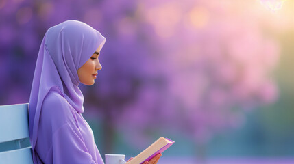 Cheerful Young Woman in Hijab Enjoying Tea and Reading a Book in a Blooming Garden During Sunset