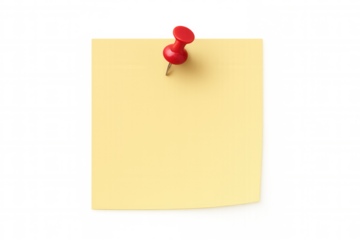 Yellow sticky note pinned by red pushpin against transparent backdrop, highlighting memo placement for quick reference and essential messaging