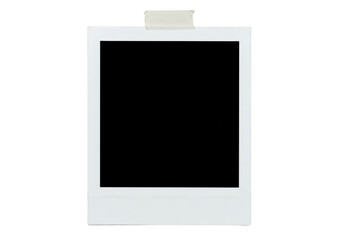 A blank white polaroid instant photo frame with a piece of tape at the top, isolated on a transparent background, ready for your image or text