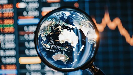 Global finance analysis with magnifying glass over world map and stock market data - Powered by Adobe