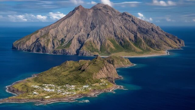 Stunning aerial view of Saba with Dutch Caribbean island with a volcanic mountain and clear sea.