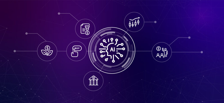 AI Artificial Intelligence in finance and investment outline icons representing financial growth stock charts banking and investment fintech algorithmic trading AI powered financial analysis