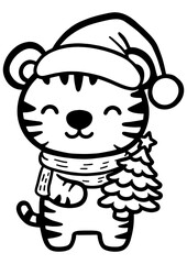 Obraz premium Black and white vector tiger in hat and scarf holding a decorated Christmas tree, perfect for engraving, prints, tattoos, and holiday projects