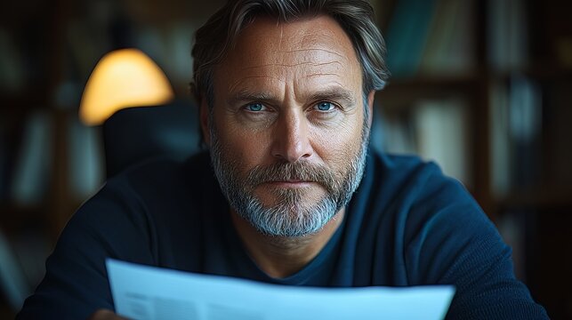 Intense portrait of a serious mature businessman looking directly at the camera with a focused expression while reviewing documents in his office.