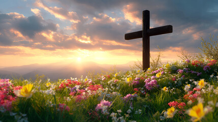 Serene Springtime Cross Landscape with Blooming Flowers at Sunset. Ai Generated Images