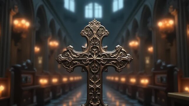 Ornate Christian cross stands prominently in a dimly lit, classic church interior