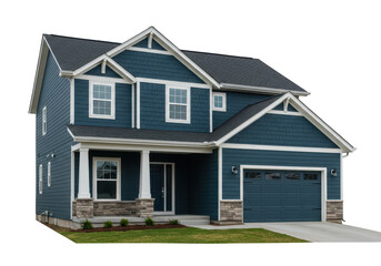 Modern blue twostory suburban house with a garage and stone accents, showcasing its exterior architecture and residential appeal isolated on transparent background