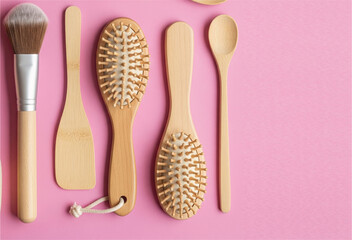 Various Wooden Hair Brushes for Hair Care and Styling Purposes. Wooden hair brushes, combs, cosmetic products. Copy space poster and banner.