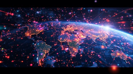 Global network connections illuminating Earth highlighting data transfer and digital communication