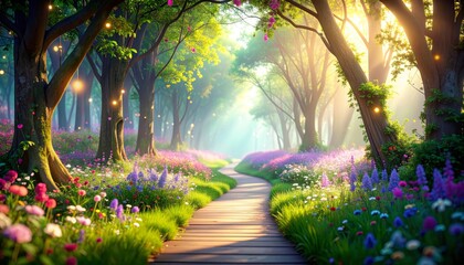 A tranquil scene of sunlight filtering through the trees onto a winding path in a summer park