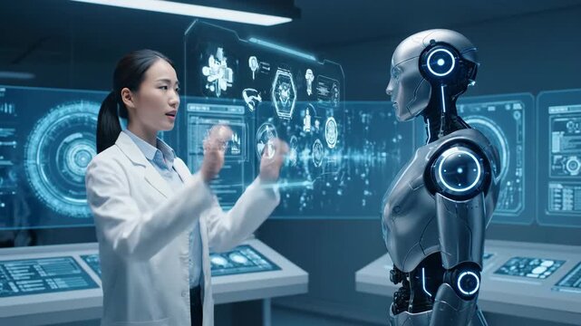 Female Scientist and AI Robot Collaborate on Holographic Interface - A female scientist in a lab coat interacts with a sophisticated humanoid robot via a futuristic holographic interface displaying