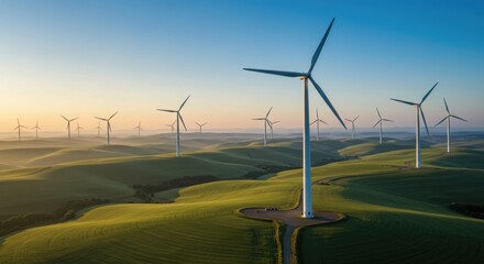 Wind turbines at dawn generate electricity on rolling green hills creating renewable energy