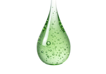 A single, large, green drop of viscous liquid or gel with many small bubbles inside, isolated on a transparent background