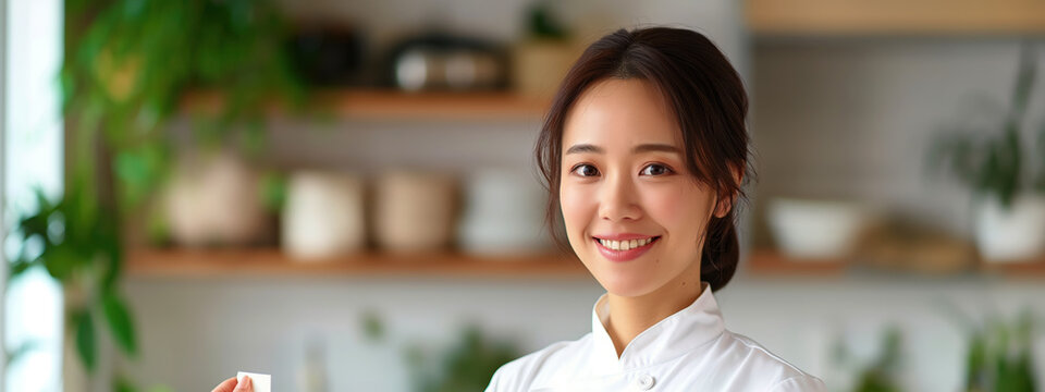Young Asian Woman Shares Thank-You Cards With Coworkers in Modern Workspace Filled With Plants and Natural Light