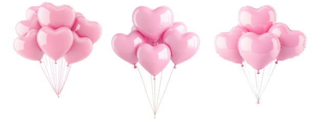 A cluster of shiny pink heart-shaped balloons floating against white transparent background, symbolizing love and celebration of Valentine Day