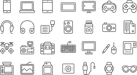 Collection of modern technology and gadget icons in a clean outline style smartphone laptop
