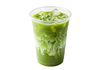 Iced matcha latte with milk swirls in a transparent plastic cup, isolated on transparent background