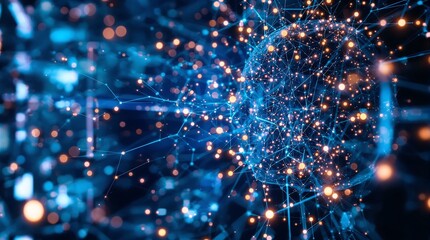 Dynamic digital network with glowing connections representing data and technology solutions
