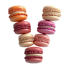 Top view of a 3D letter V made of macaroons isolated on a white transparent background