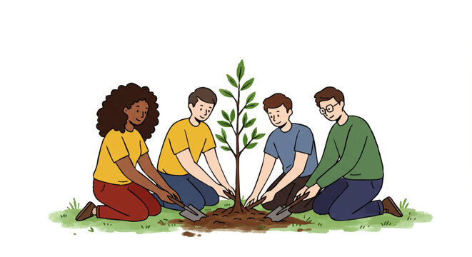 A diverse group of four young people kneeling together to plant a small tree sapling.