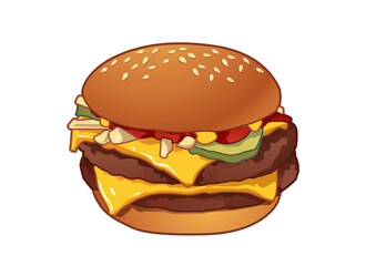 Juicy cheeseburger stacked with layers of toppings and sauces presenting an irresistible meal. Food concept