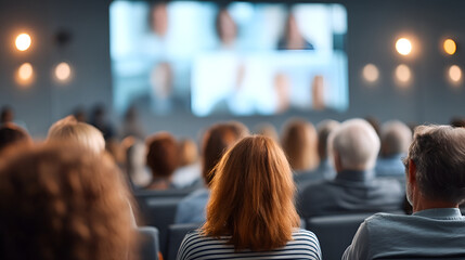 Back View Crowd Watching Digital Screen in Conference Meeting Room. Ai Generated Images