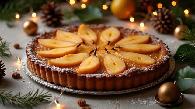 Gourmet pear tart centerpiece on a beautifully decorated festive table, capturing holiday cheer and elegant dining in 4K.
