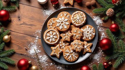 Overhead view of delicious gingerbread cookies on a festive table with seasonal decorations, perfect for holiday marketing and joyful celebrations - Powered by Adobe